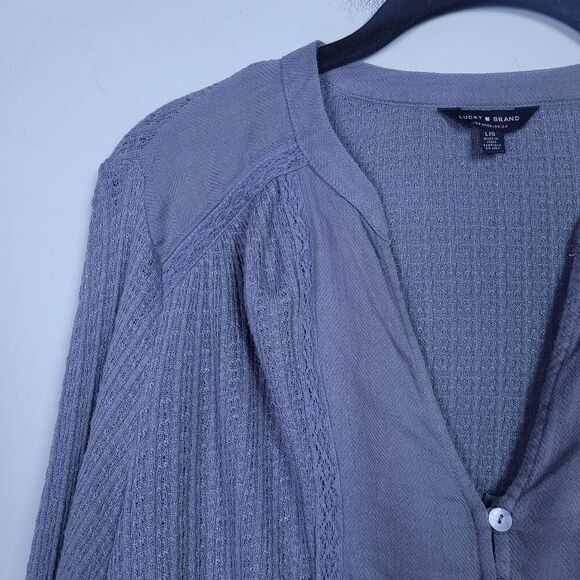Lucky Brand Womens Knit Button Front Top Sz Large Grey Long Sleeve Boho Peasant - Picture 3 of 6